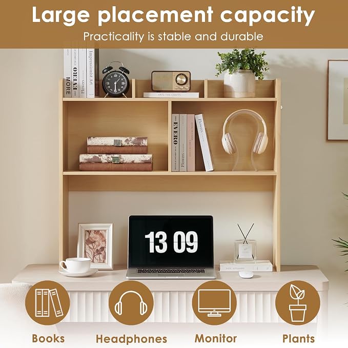 Nromant Desktop Bookshelf, Wooden Desk Storage Hutch with 5 Shelves, 3-Tier Desktop Display Organizer Rack for Office Home (Natural, 5 Shelves B)