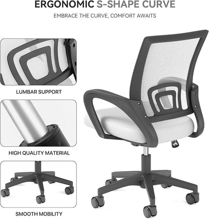 Office Chair, Ergonomic Mid-Back Mesh Desk Chair, 10 Pack, White | Lumbar Support, Adjustable Height, Rolling Wheels Design, Comfy Armrest, For Work, Study, Gaming