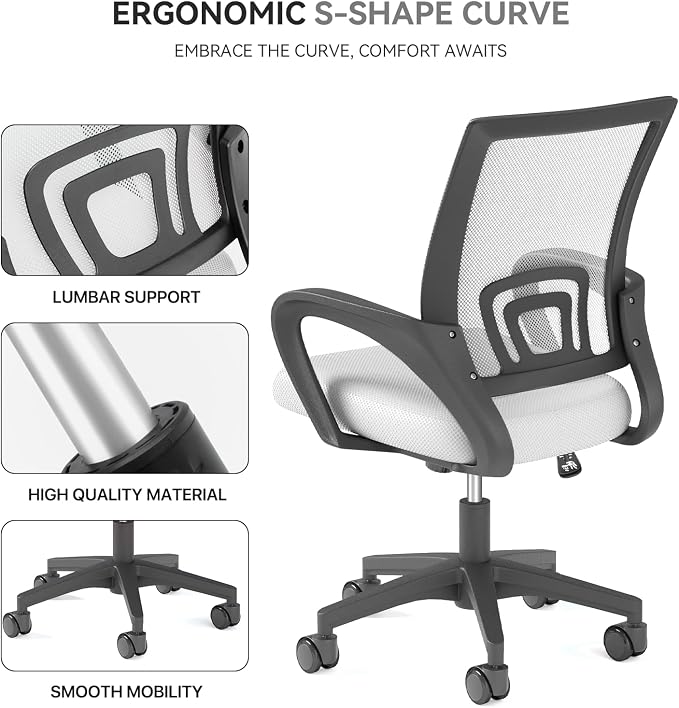Office Chair, Ergonomic Mid-Back Mesh Desk Chair, 8 Pack, White | Lumbar Support, Adjustable Height, Rolling Wheels Design, Comfy Armrest, For Work, Study, Gaming