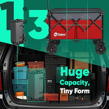 Sekey 220L Wagons Carts Foldable with Big All-Terrian Beach Wheels, Collapsible Heavy DutyWagon with Cup Holders, Extra Large Folding Wagon,Foldable Wagon for Camping, Garden, Sports.Red&Gray