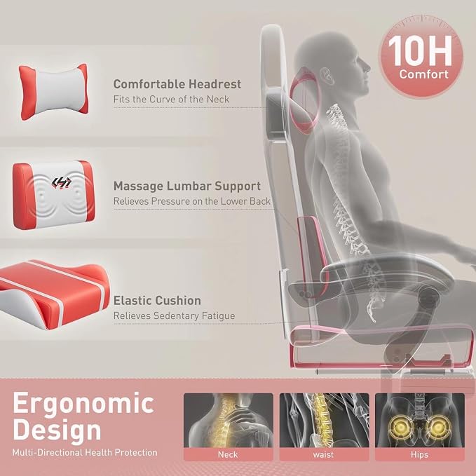 HLDIRECT Gaming Chair, Ergonomic Video Game Seat with 360° Swivel & Lumbar Massage, Computer Chair PU Leather Cushion for Adults Home/Office Use (White & Red)
