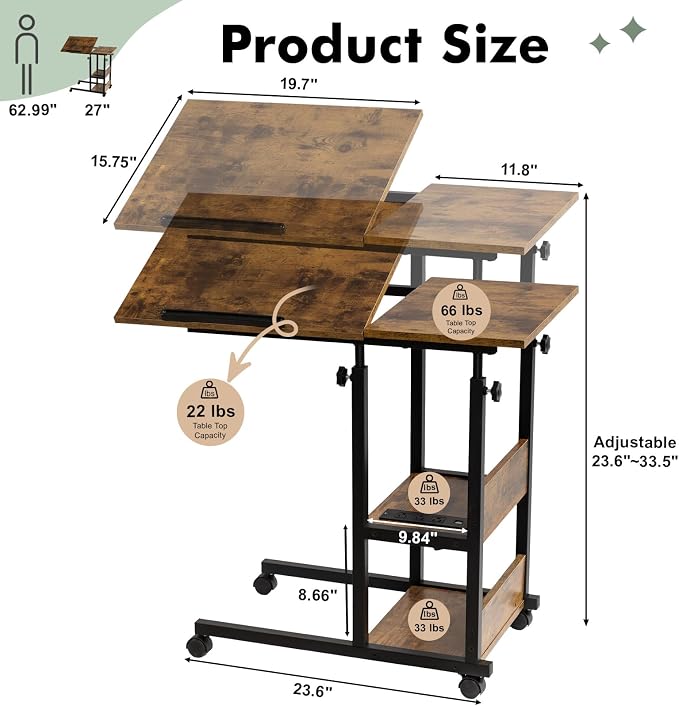 Hadulcet Adjustable C Table with Charging Station, Tiltable Desk C Shaped End Table for Couch, Over Bed Table with Wheels Adjustable Height, Hospital Table Laptop Stand Drawing Desk, Rustic Brown