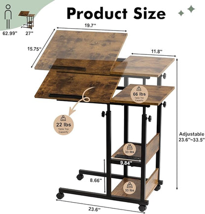 Hadulcet Adjustable C Table with Charging Station, Tiltable Desk C Shaped End Table for Couch, Over Bed Table with Wheels Adjustable Height, Hospital Table Laptop Stand Drawing Desk, Rustic Brown