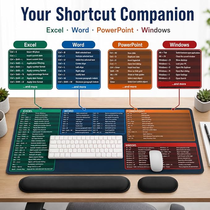 Excel Cheat Sheet Desk Pad Set, 3-Piece Office Shortcut Mouse Pad with Keyboard Wrist Rest & Mouse Wrist Rest, Excel Word PowerPoint Windows Shortcut Mat for Accountants, Students, Carbon Black