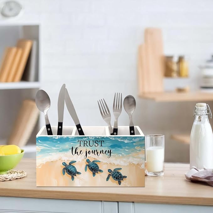 Coastal Beach Sea Turtle Pen Holder for Desk, Inspirational Sea Turtle Pencil Organizer, Trust the Journey Ocean Beach Wooden Pen Holder Desk Accessories Decor for Home Office