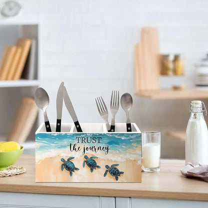 Coastal Beach Sea Turtle Pen Holder for Desk, Inspirational Sea Turtle Pencil Organizer, Trust the Journey Ocean Beach Wooden Pen Holder Desk Accessories Decor for Home Office