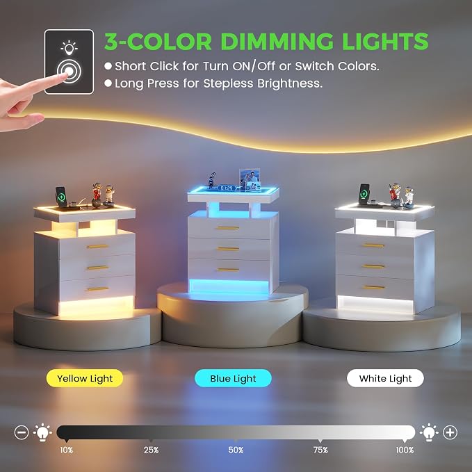 HNEBC LED Nightstand with Charging Station,Smart Bedside Table with Motion Sensor Lights,3 Drawers,Tempered Glass Top,High Gloss End Table with 3 Color Lights for Bedroom, Living Room,Office-White