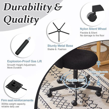 VINGLI Cute Candy Chair Armless Comfy Small Office Desk Vanity Chair with Wheels & Lumbar Support,Teddy Adjustable Rolling Swivel Computer Task Ch for Home Office,Bedroom,Black
