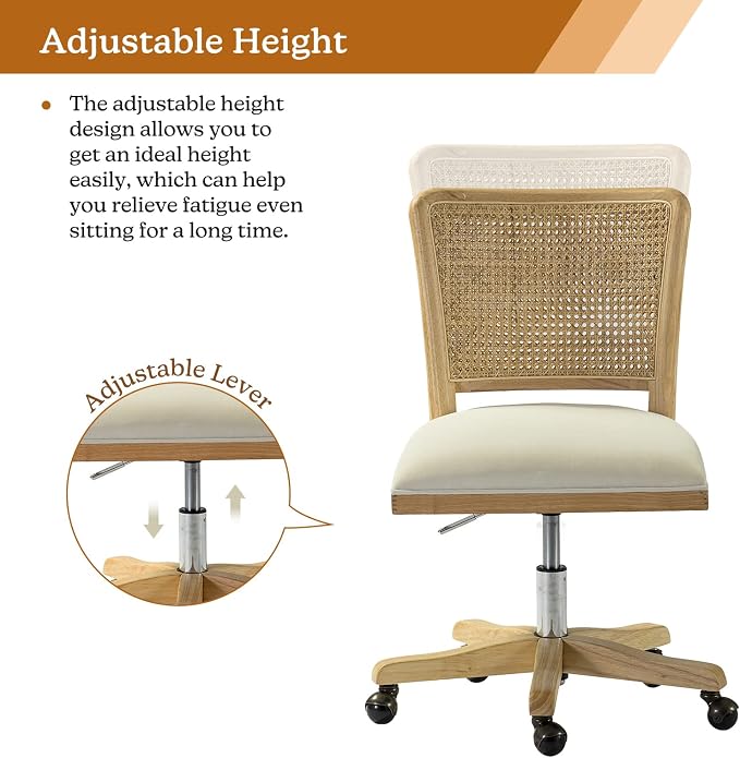 Modern Home Office Chair Comfortable Upholstered Armless Desk Chair, Adjustable Swivel Rolling Computer Chair with Rattan Mid-Back Support, Beige
