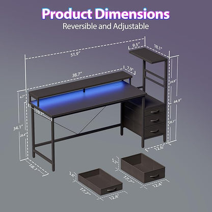 Mericonia 52 inch Gaming Desk with LED Lights & Power Outlets, Reversible Computer Desk with Storage Drawers & Monitor Stand, Large Gaming Table for Home Office