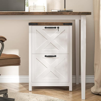 Halitaa 2 Drawer Small File Cabinet with Lock, Farmhouse Vertical Filing Cabinet Fits Letter and A4 Size, Under Desk Wooden File Cabinets for Home Office, Printer Stand, Rustic White
