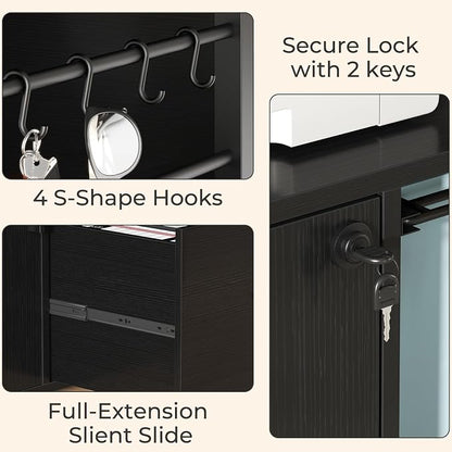 HSH File Cabinet with Wheels with Locks,Black Mobile Filing Cabinet for Legal/Letter Size, Wood Metal Printer Stand with Shelves, Wheels & Hanging File Folder for Home Office Desk, 33 in