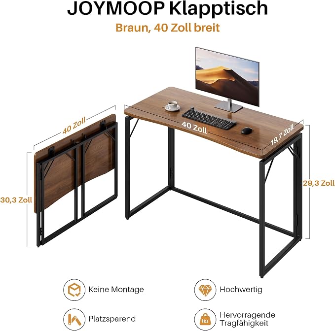 JOYMOOP 40" Folding Desk - Brown, No Assembly Middle Size Foldable Desk for Home, Office, Wooden Top Folding Computer Desk for Working, Writing, Studying