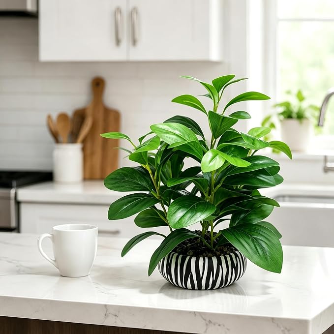Realistic Artificial Potted Plant, Faux Indoor Greenery for Home Office Living Room Bookshelf Bathroom Decor, Low-Maintenance Space-Saving Fake Plants with Modern Decorative Vase