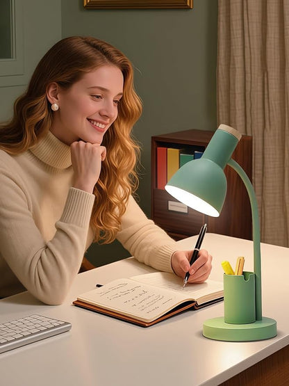 LED Desk Lamp for Home Office, Table Lamp with Pen Holder, 3 Color Modes Reading Light, Eye-Caring Desk Light with Gooseneck, Metal Study Lamp for Dorm Bedside Bedroom (Green Lamp)