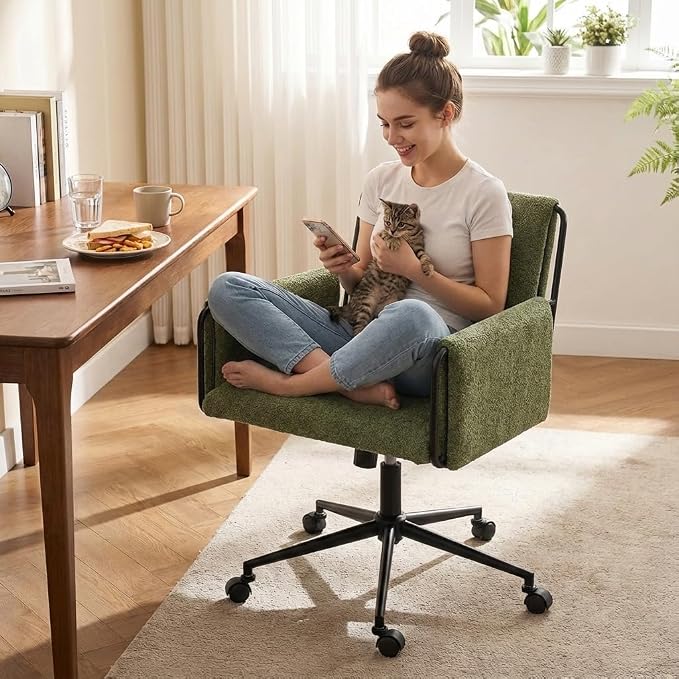 YOUNIKE Wide Seat Home Office Chair with Arms Modern Desk Chair with Wheels Fabric Vanity Chairs with Comfy Back Cross Legs Adjustable Swivel Rolling Computer Task Chair for Study Bedroom Makeup Green