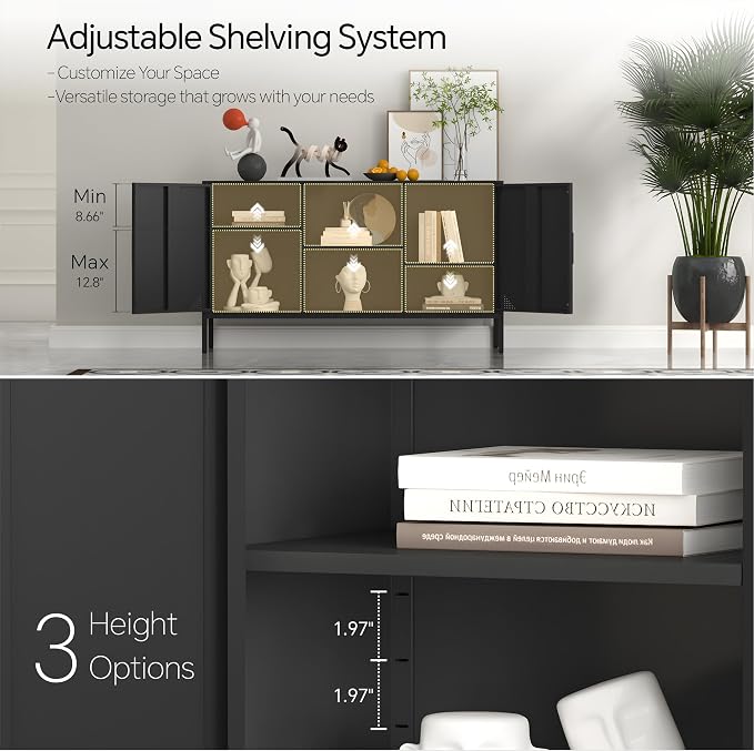 Steehoom Metal TV Cabinet with Doors and Shelves, Modern Metal Storage Cabinet, Coffee Bar TV Stand for Office, Living Room, Kitchen, Diningroom (Black, 47.24" D x 13.78" W x 29.53" H)