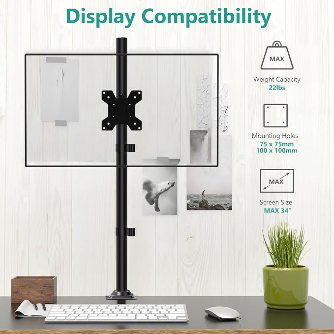 WALI Monitor Arm Mount for Desk, Single Extra Tall Computer Desk Mount, Monitor Bracket Mount Stand Single, up to 34 inch, 22 lbs (M001XL), Black