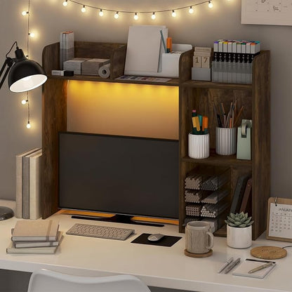Furinno Classic Desk Shelf with LED Lights, 5-Shelf Hutch, Amber Pine | LED Desktop Book Shelf, Desk Organzier, for Office Supplies, Office Desk Accessories