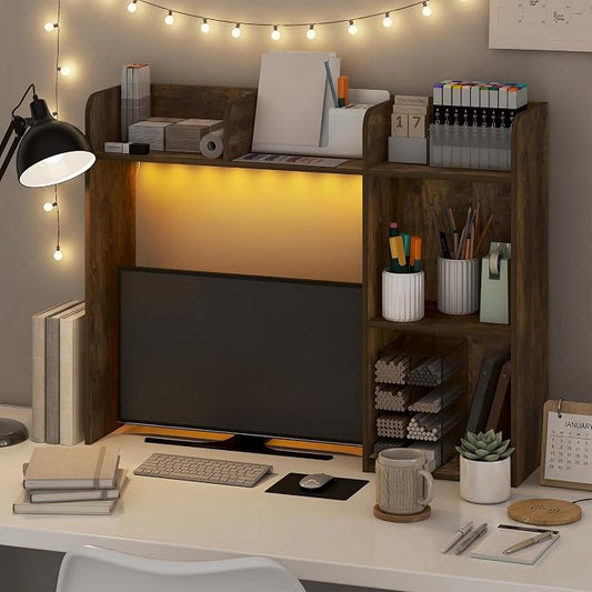 Furinno Classic Desk Shelf with LED Lights, 5-Shelf Hutch, Amber Pine | LED Desktop Book Shelf, Desk Organzier, for Office Supplies, Office Desk Accessories