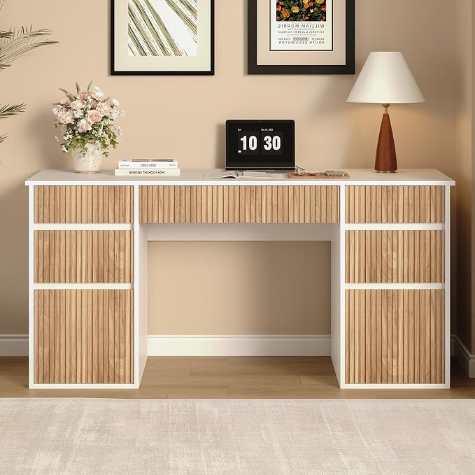 4 EVER WINNER 58 Inch White Desk with Drawers, Home Office Desks with 7 Storage Drawers, Executive Desk with File Cabinet for Bedroom Study Work Table Writing, White and Walnut