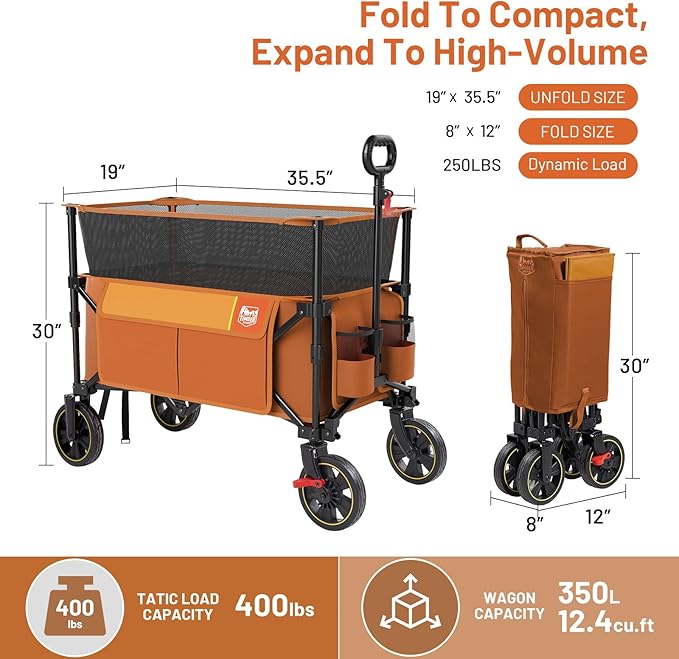 Timber Ridge Collapsible Folding Wagon 350L Extra Large with Brake, Heavy Duty Camping Utility Cart Outdoor, Extended Height Adjustable Handle, Cup Holders, Side Bag, Orange