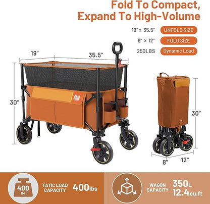 Timber Ridge Collapsible Folding Wagon 350L Extra Large with Brake, Heavy Duty Camping Utility Cart Outdoor, Extended Height Adjustable Handle, Cup Holders, Side Bag, Orange