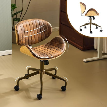 VINGLI Wide Comfotable Swivel Home Office Chair with Wood-Grain Curved Shell,Ergomomic Mid-Back Padded Armless Modern Desk Chair with Wheels,Height Adjustable for Computer,Task,Work,Microfiber,Rustic