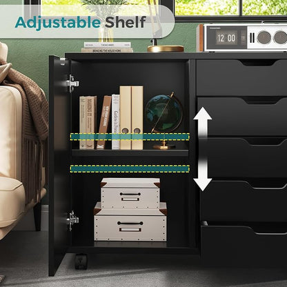 OLIXIS Under Desk Mobile File Cabinet, MDF Rolling Printer Storage Cabinet with 5 Drawers & Side Cabinet, Smooth Gliding Office Storage Organizer for Home Office, Black