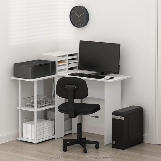 Furinno Abbott L-Shape Desk with Bookshelf, 41.14 (W) x 28.94 (H) x 34.45 (D) inches, White/White