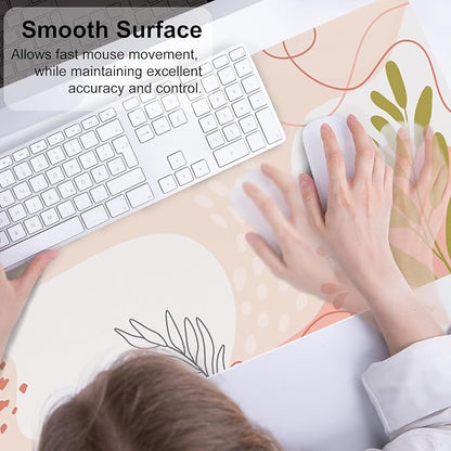 QiyI Large Mouse Pad, Cute Desk Mat for Desktop, Women Girls Minimalist Pink Office Desk Accessories, PU Leather Waterproof Gaming Mousepad, Tropical Leaves Desk Pad Computer Mat, 31.5" x 11.8"