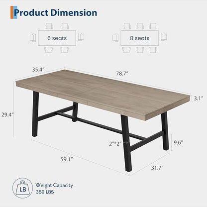 GarveeHome Industrial Dining Table for 6-8 People, 78.74" Long Large Kitchen Table with Sturdy Metal Frame, Rectangular Counter for Dinner, Kitchen, Dining Room (Grey, 79" Non-extendable)