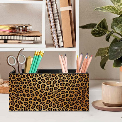 DILSJ Trendy Retro Leopard Pen Pencil Holder Organizer for Desk, Cheetah Print Room Decor, Golden Cheetah Print Office Supplies Wooden Box Signs for Women Office Desk Tabletop Decoration