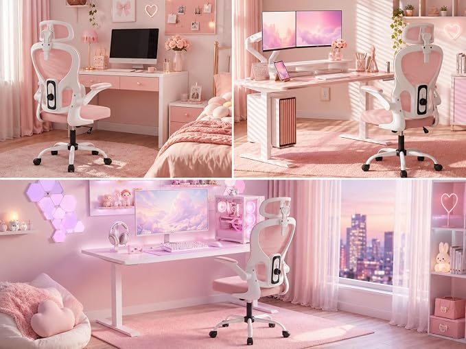 Ergonomic Office Chair with Adjustable Headrest & Lumbar Support, High Back Mesh Desk Chair, 330 LBS Capacity Swivel Computer Chair with Flip-Up Arms, Home Office Gaming Chair(Pink)