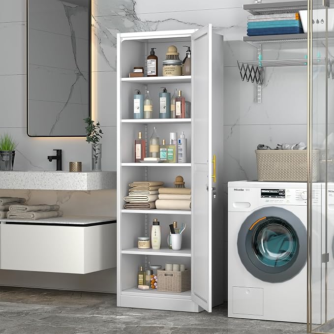 pozdeg 67" Metal Storage Cabinet with Lock, Tall Narrow Office File Cabinets with 5 Adjustable Shelves, Metal Steel Locker for Home, School, Office, Garage or Gym (White)