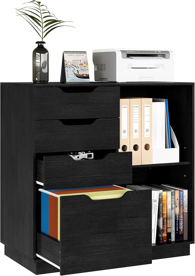 TQVAI 4 Drawer Filing Cabinet Organizer with 2 Open Shelves, Heavy Duty for Storing Letter A4 Size and Printer, Wood Lateral File Cabinets for Home Office, Hanging Files, Black, Easy Assembly