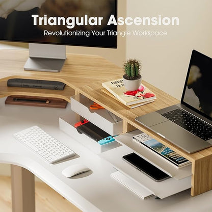Fenge Dual Monitor Stand, 2-Tier Corner Monitor Riser with Drawer and Slide-out Tray, Triangle Desktop Shelf Organizer for Laptop Computer Printer Home Office Desk, Oak