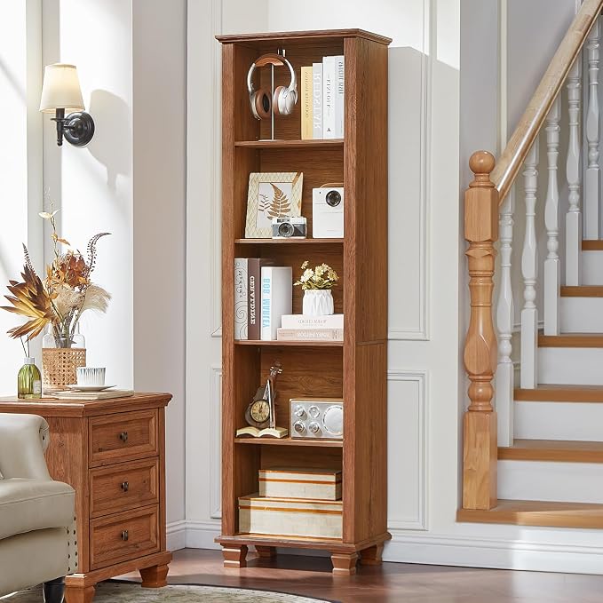 SAVOR LIFE 70" Tall Narrow Book Shelf, Wood Skinny Bookshelf with Adjustable Shelves & Wooden Legs, Farmhouse Bookcase w/5-Tier Storage, Free Standing Bookshlves for Office, Living Room, Brown, 2PCS