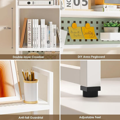 Brakki Desk Shelf, Desk Hutch Bookshelf, Desktop Shelf with Pegboard, White | L35.43", 2 Tier Bookcase, for Computer Monitor, Metal Desktop Hutch, Storage Organizer for Dorm Home Office