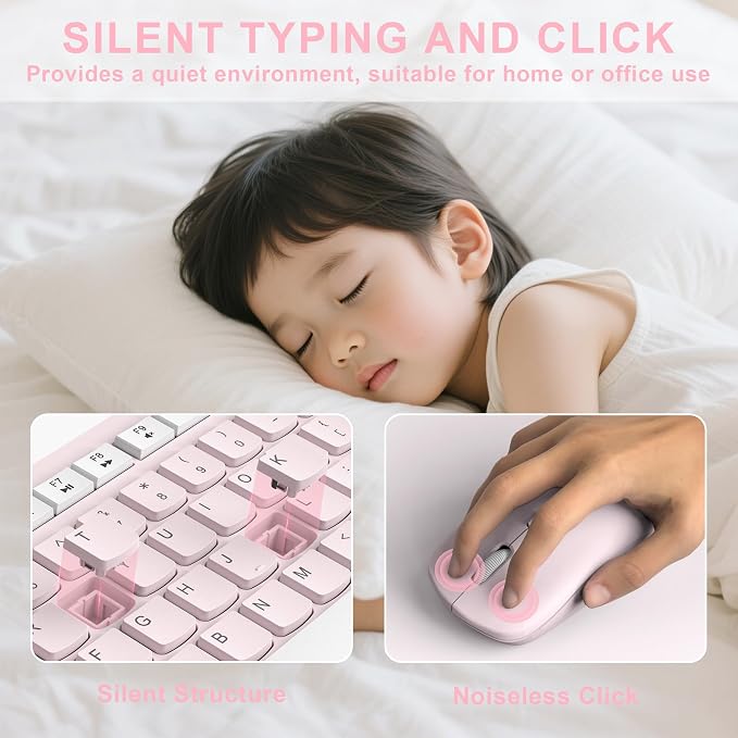 Wireless Keyboard and Mouse Combo, Reccazr 2.4G Full-Sized Keyboard and Mouse Cordless, 3 DPI Adjustable Mouse, Dual-System Keyboard for Computer/Laptop/Windows/Mac (Pink & White)