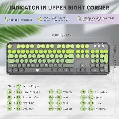 Wireless Keyboard and Mouse Combo, 104 Round Keys Cute Colorful Keyboard and Mouse with Retro Typewriter for PC Mac Laptop Tablet Computer Windows Gray Green