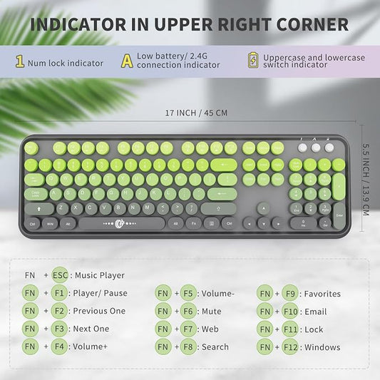 Wireless Keyboard and Mouse Combo - Cute Colorful Keyboard and Mouse, Retro Typewriter Keyboard with 2.4GHz Plug & Play, for Windows 11/10/7, Laptop, PC (V2020-Green)