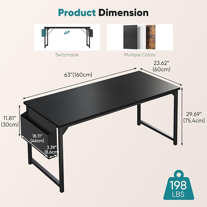 OLIXIS 63 Inch Computer Desk for Home Office, Writing Study Craft Gaming Table, Modern Computer Workstation with Storage Bag and Headphone Hook for Bedroom Small Spaces, Black