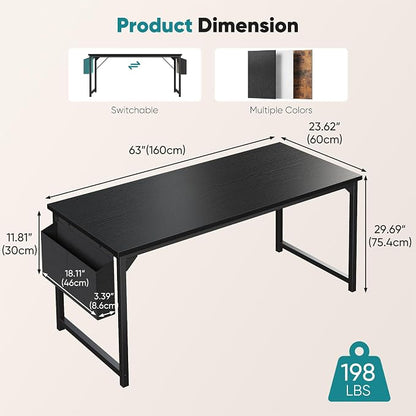 OLIXIS 63 Inch Computer Desk for Home Office, Writing Study Craft Gaming Table, Modern Computer Workstation with Storage Bag and Headphone Hook for Bedroom Small Spaces, Black