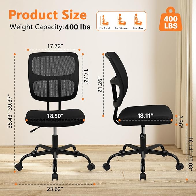 CLATINA Armless Home Office Chair, Small Ergonomic Mesh Back Desk Chairs with Lumbar Support and Wheels, Adjustable Height 360° Swivel Rolling Computer Chair for Conference Waiting, Black, 4Pack