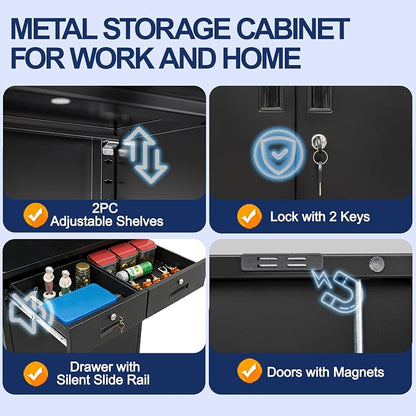 BESFUR Metal Garage Storage Cabinet with Two Drawers Locking Doors and 2 Adjustable Shelves, Black Tall Storage Cabinets, Tool File Lockable Cabinet for Garage Office Warehouse Shop(71”H)