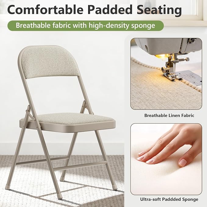 8 Pack Folding Chairs, Fabric Padded Folding Dining Chairs with Cushion Seat & Back, Indoor Outdoor Folding Chair Set for Home Office, Parties, Events, Wedding, Extra Guest Seating