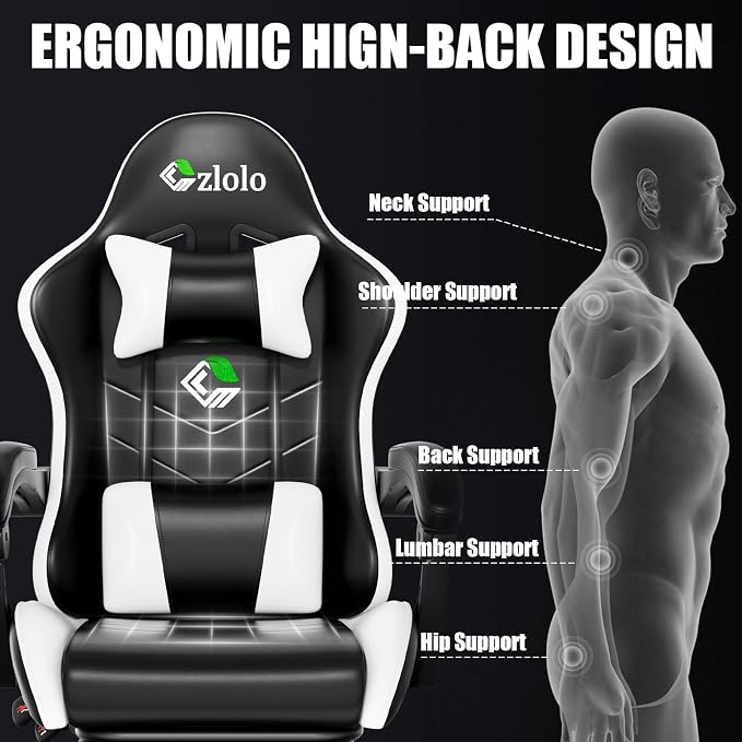 Czlolo Gaming Chair, Ergonomic Office Computer Chair with Footrest and Lumbar Support Massager Racing Style High Back Video Gamer Chair, Wide＆Thick Cushion, 90°-135° Recline, Adjustable Height, White