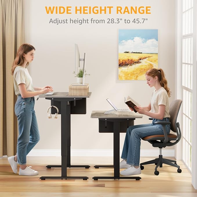 KLUVIS Grey Small Electric Standing Desk - 32 Inch Narrow Small Adjustable Stand Up Desk for Writing Study Work, Mini Sit to Stand Desks Workstation for Adult Boys Girls Bedroom Home Office