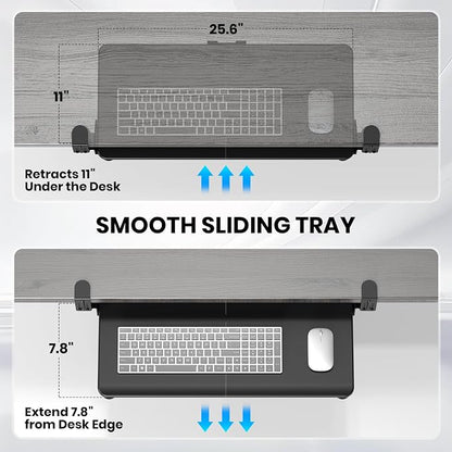 Keyboard Tray Under Desk, Pull Out Keyboard & Mouse Tray with Adjustable C-clamp, 25.6(31.5 Including Clamps) x 11.8 Inch Slide Out Computer Keyboard Drawer Mouse Tray for Typing, Black
